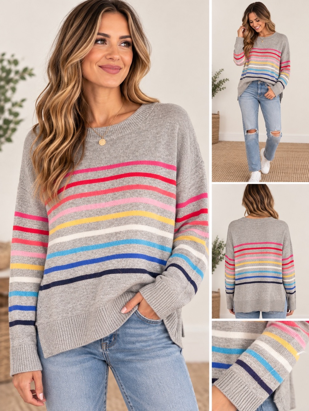 GAP Crazy Stripe Rainbow Wool Blend Crewneck Sweater Gray M
